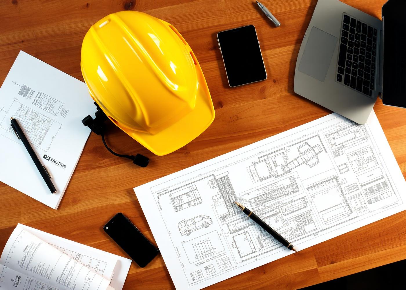 Hard hat, blueprints and laptop on a desk