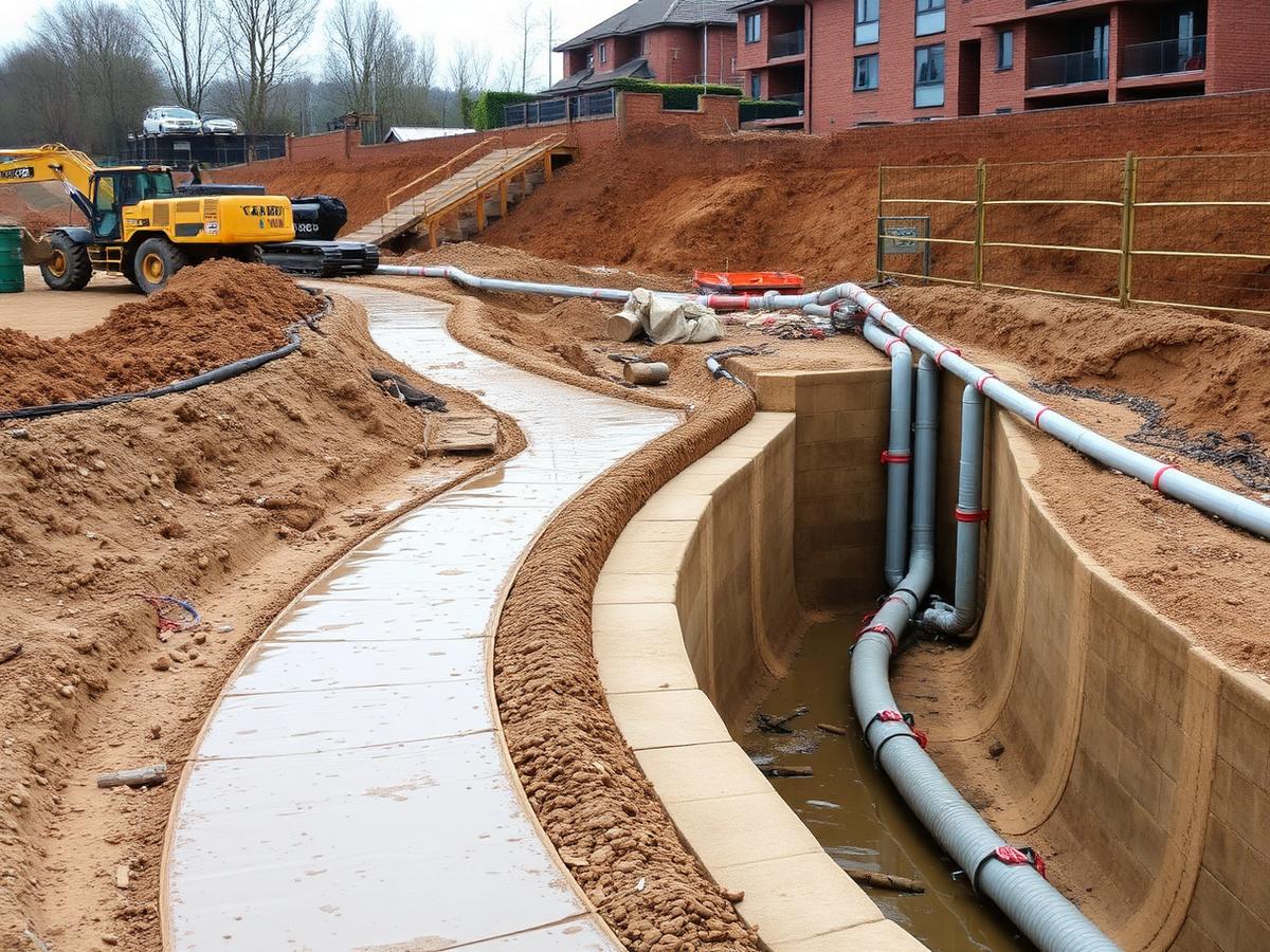 Sustainable drainage works with attenuation channel and pipework on a UK development site