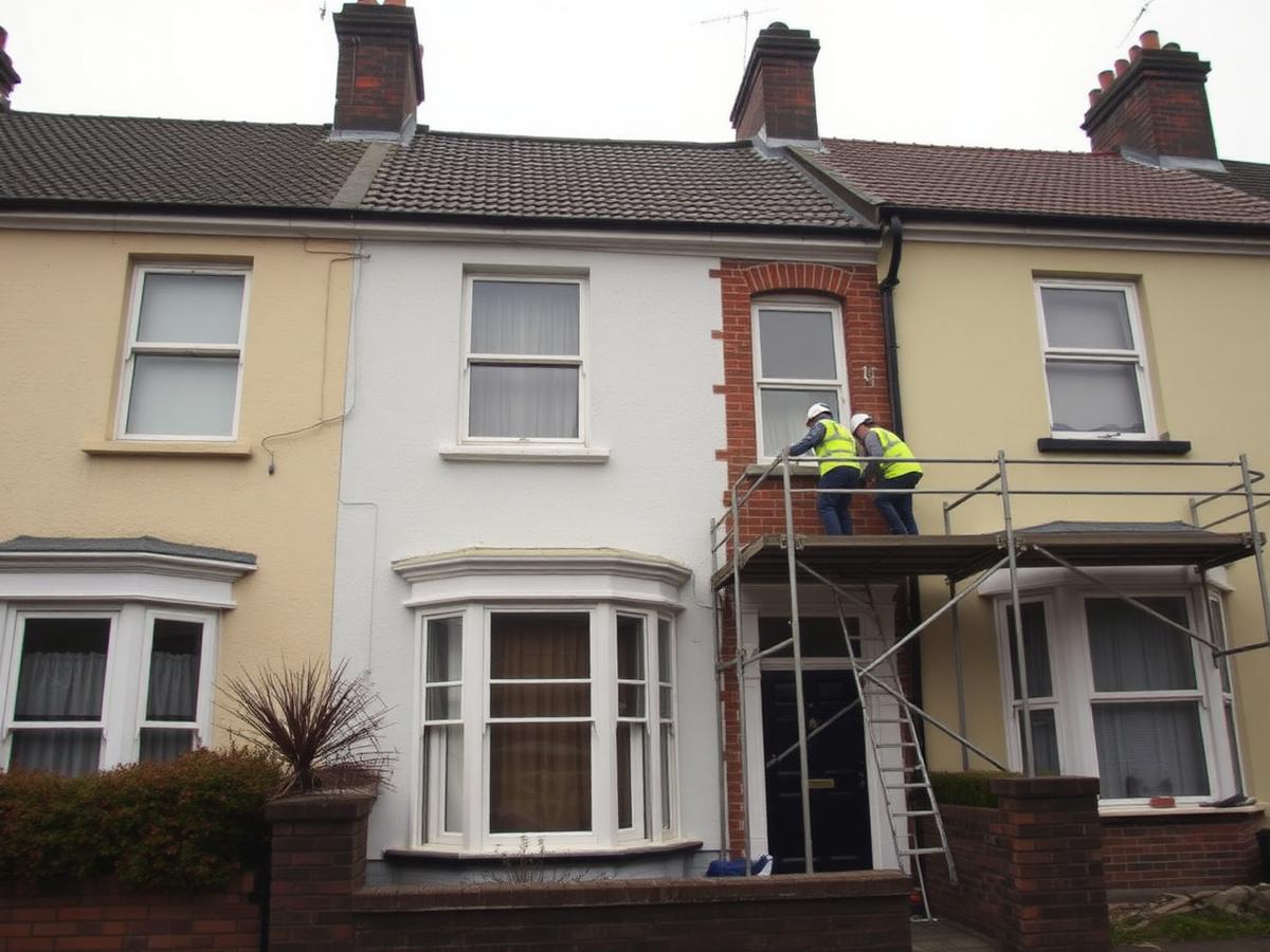 Terraced house undergoing whole-house retrofit with external wall insulation and scaffolding