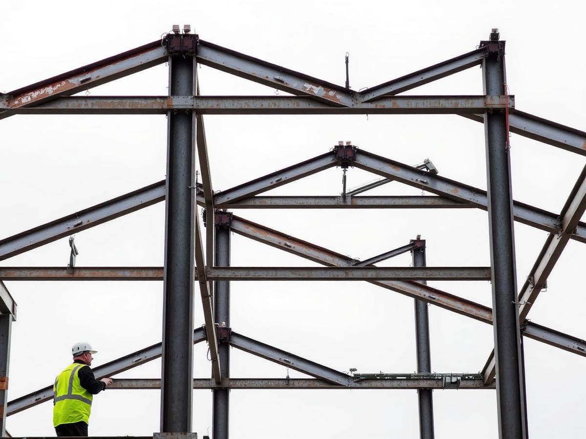 Structural steel frame under construction against a grey sky