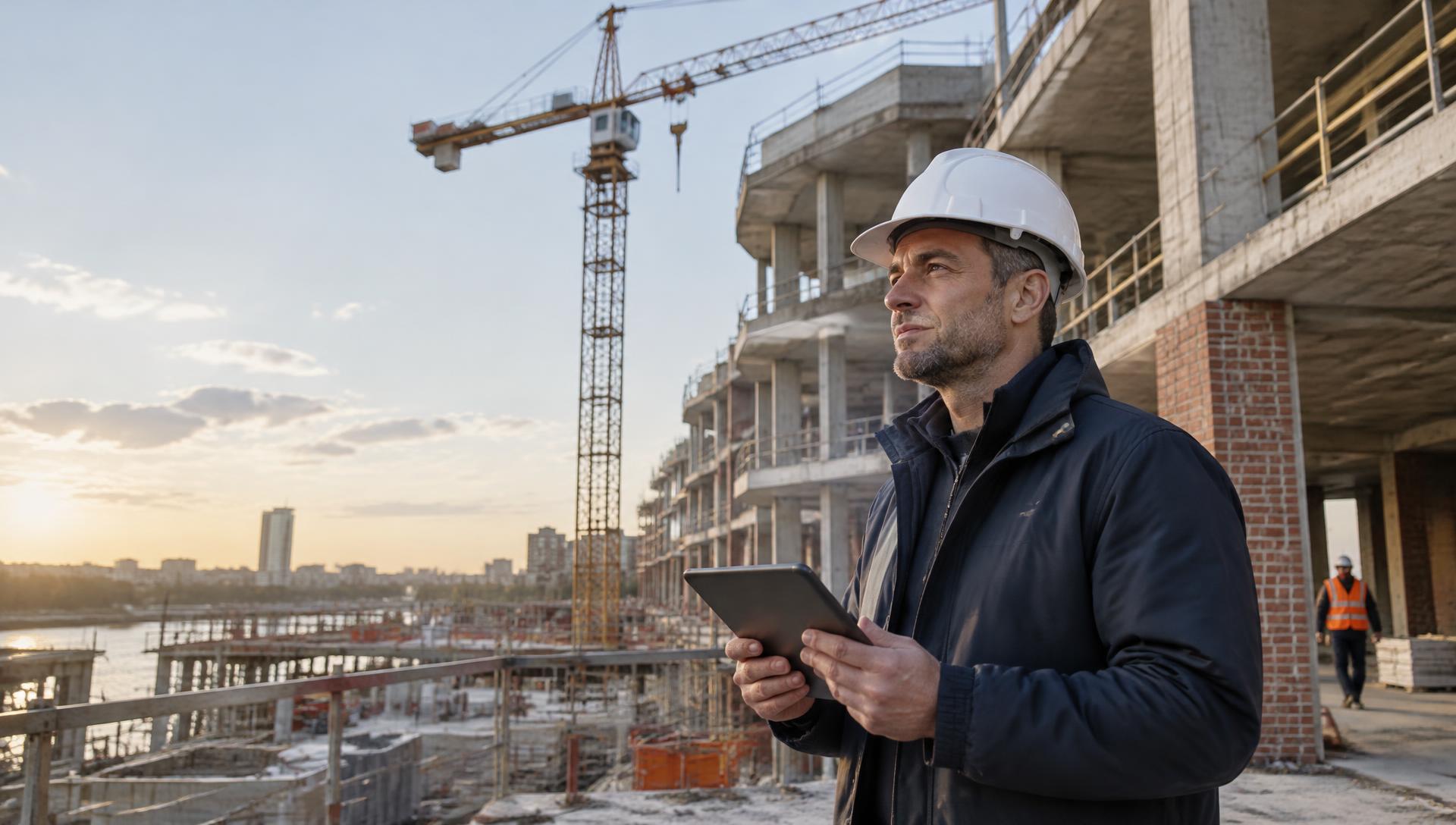 Construction professional holding a tablet at a building site